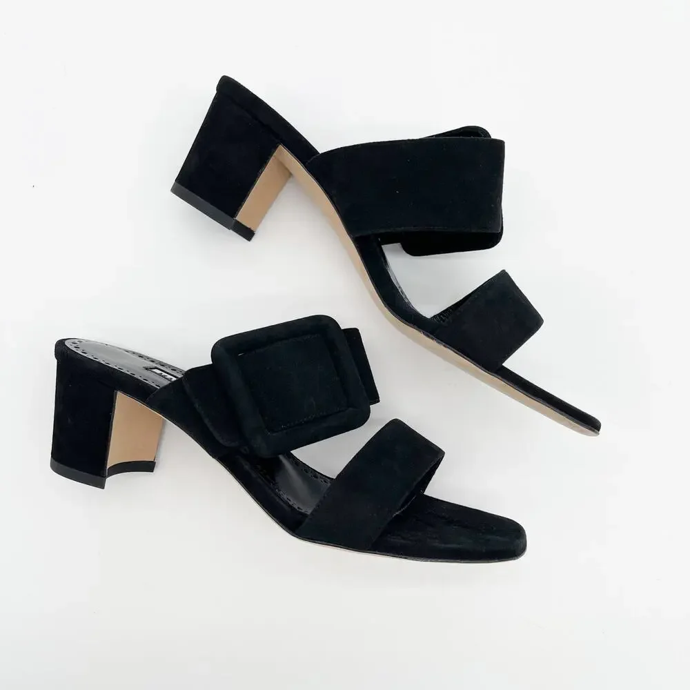 Manolo Blahnik Titubanew Black Suede Open Toe Buckle Mule Sandals Heels IT 36.5